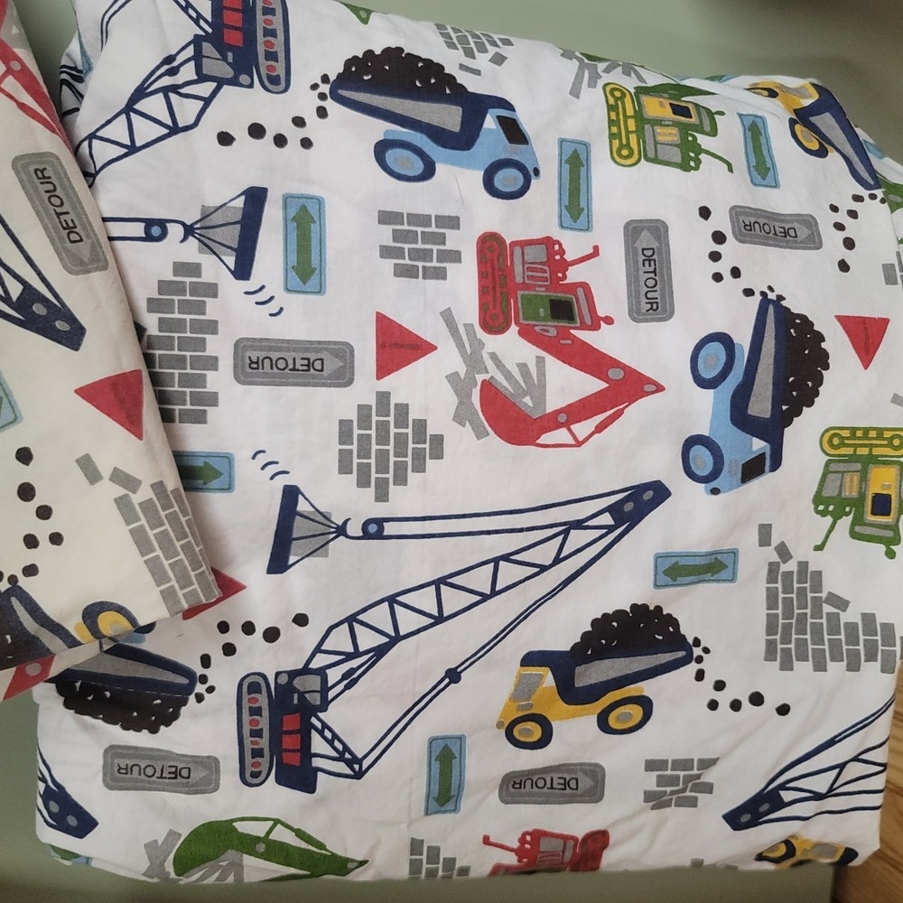 Pottery Barn Kids Queen Construction Flat Sheet Two Pillowcases Organic Cotton - Picture 2 of 5